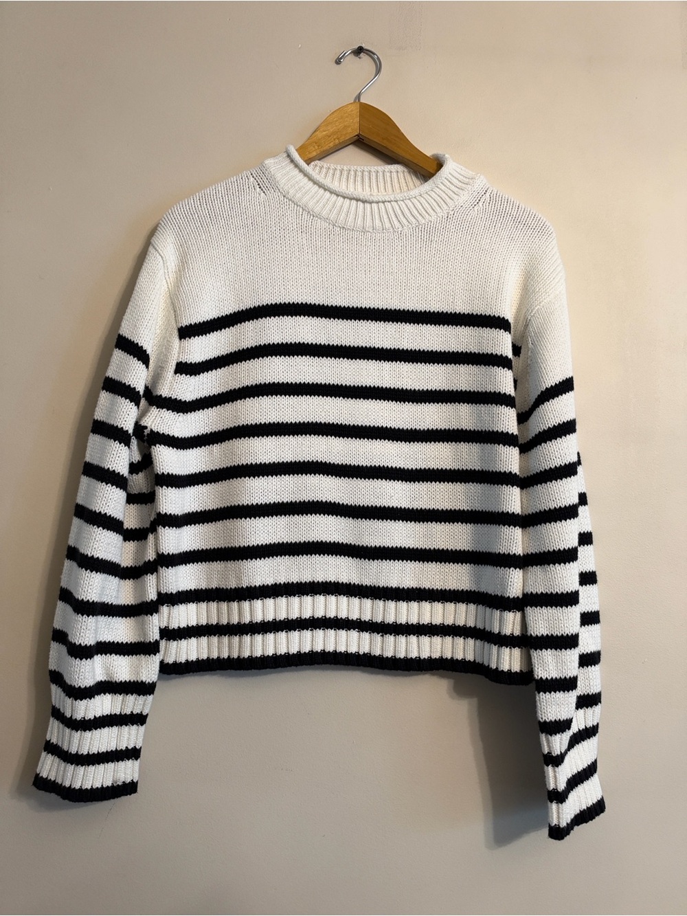 J.Crew Heritage Cotton Striped Rollneck mock neck Sweater White Black Size M
